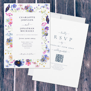 Invitación Boda de código QR azul del Boho de Flor silvestre