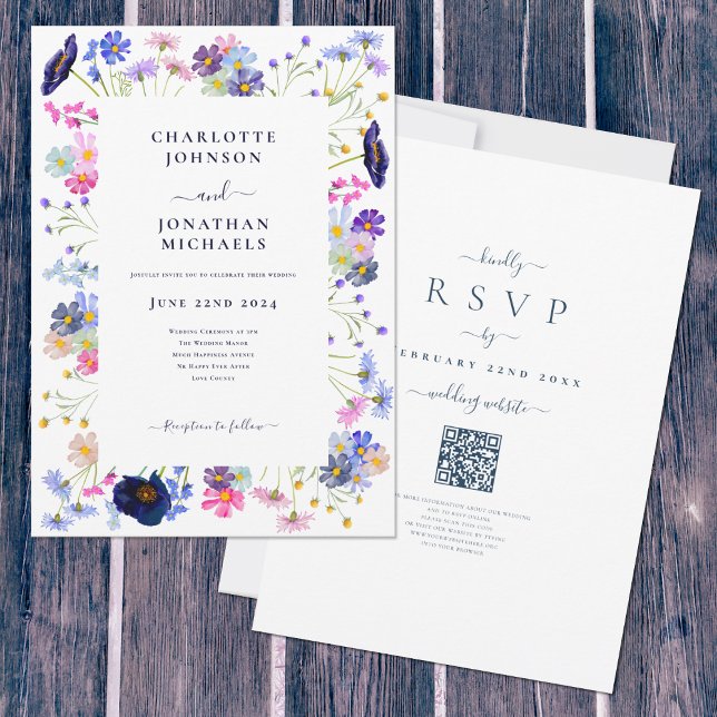 Invitación Boda de código QR azul del Boho de Flor silvestre (Elegant boho chic wildflower watercolor wedding invitation with online rsvp qr code)
