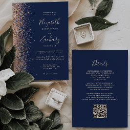 Invitación Boda de Código QR Azul Marino con Brillo de Meloco