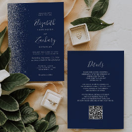 Invitación Boda de Código QR Azul Marino con Brillo Plateado 
