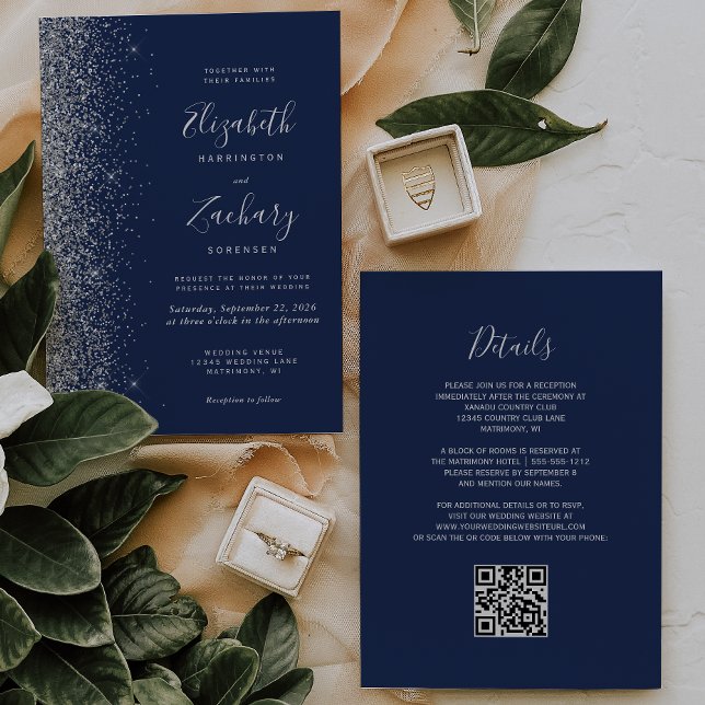 Invitación Boda de Código QR Azul Marino con Brillo Plateado  (Subido por el creador)
