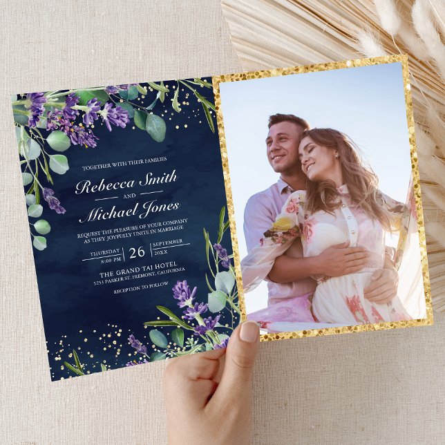 Invitación Boda de código QR azul marino de lavanda y eucalip (Subido por el creador)