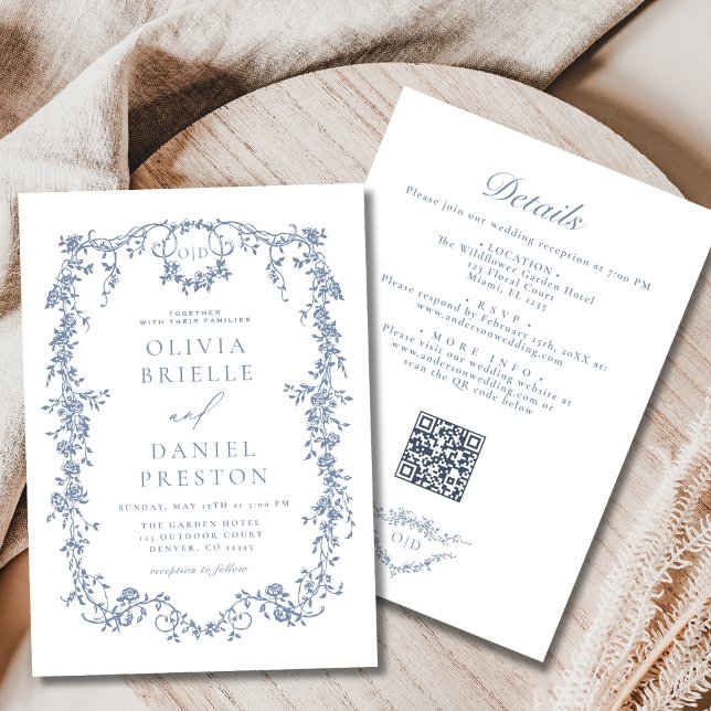 Invitación Boda de código QR azul polvoriento de todo en un f (Subido por el creador)
