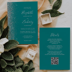Invitación Boda de Código QR Azul Teal con Brillo de Plata Mo