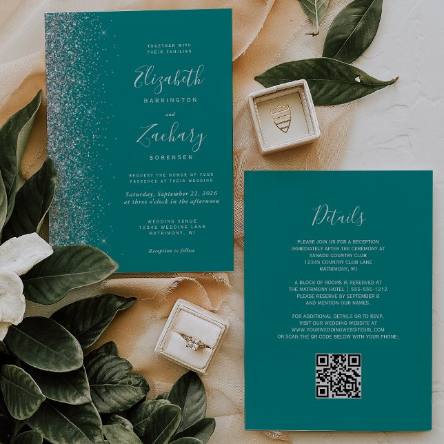 Invitación Boda de Código QR Azul Teal con Brillo de Plata Mo (Subido por el creador)