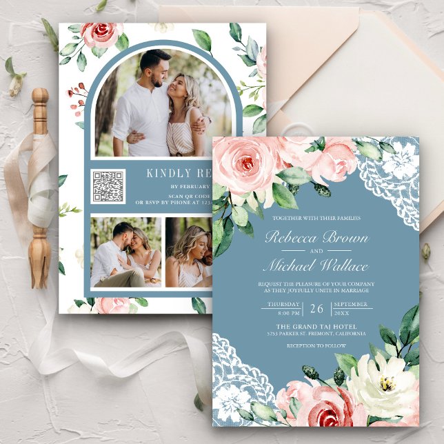 Invitación Boda de código QR azul turbio de encaje floral Pea (Subido por el creador)