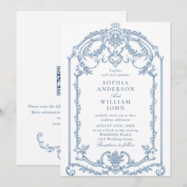 Invitación Boda de código QR azul verdoso y ornato victoriano (Anverso / Reverso)