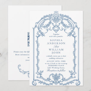 Invitación Boda de código QR azul verdoso y ornato victoriano