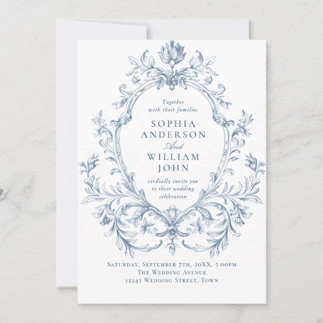 Invitación Boda de código QR azul verdoso y ornato victoriano (Anverso)