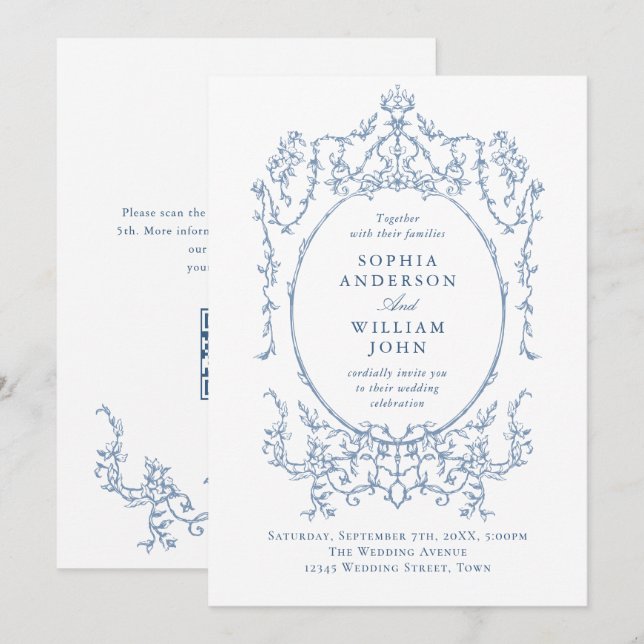 Invitación Boda de código QR azul verdoso y ornato victoriano (Anverso / Reverso)