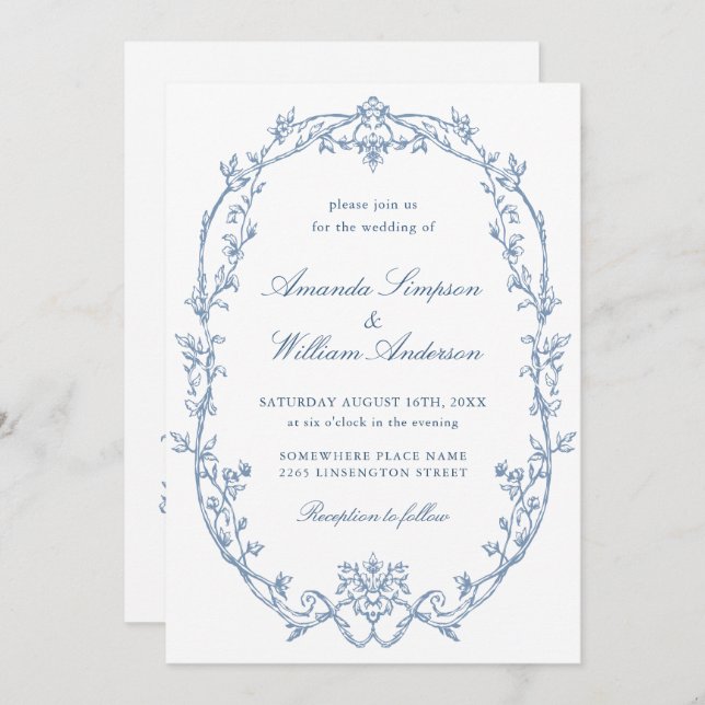 Invitación Boda de código QR azul verdoso y ornato victoriano (Anverso / Reverso)