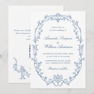 Invitación Boda de código QR azul verdoso y ornato victoriano