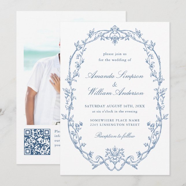 Invitación Boda de código QR azul verdoso y ornato victoriano (Anverso / Reverso)