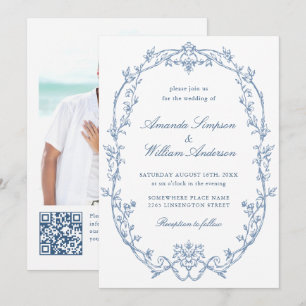 Invitación Boda de código QR azul verdoso y ornato victoriano