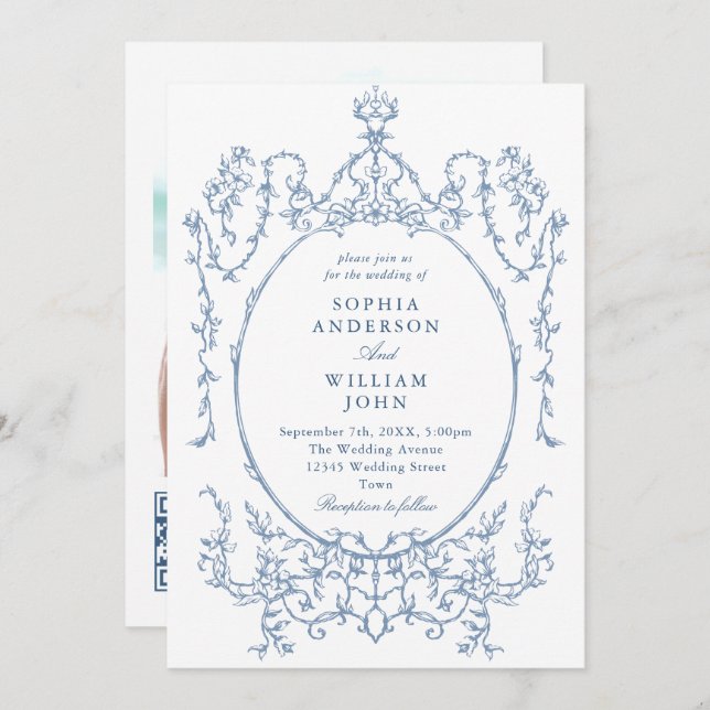 Invitación Boda de código QR azul verdoso y ornato victoriano (Anverso / Reverso)