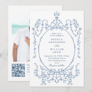 Invitación Boda de código QR azul verdoso y ornato victoriano