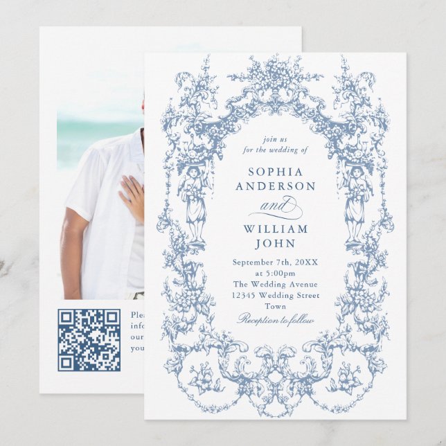 Invitación Boda de código QR azul verdoso y ornato victoriano (Anverso / Reverso)