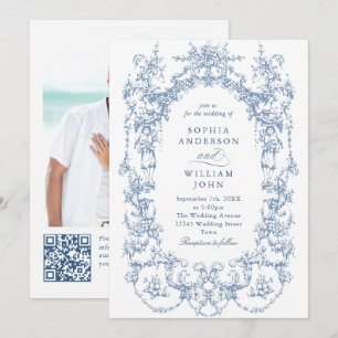 Invitación Boda de código QR azul verdoso y ornato victoriano
