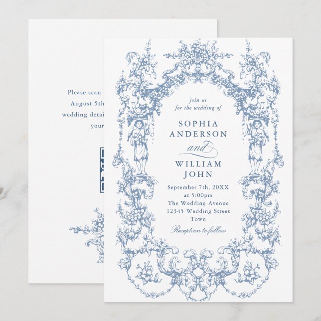 Invitación Boda de código QR azul verdoso y ornato victoriano (Anverso / Reverso)