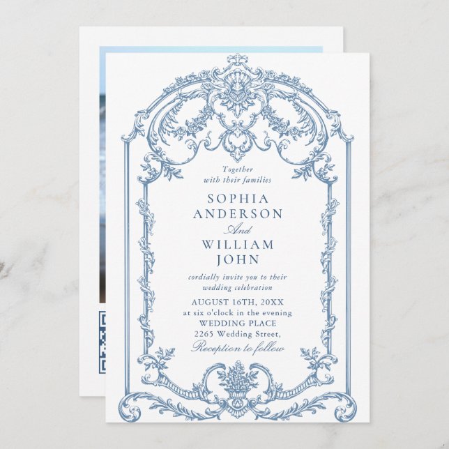 Invitación Boda de código QR azul verdoso y ornato victoriano (Anverso / Reverso)