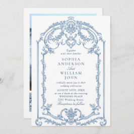 Invitación Boda de código QR azul verdoso y ornato victoriano