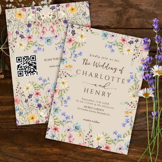 Invitación Boda de código QR Beige simple de flor silvestre r (Subido por el creador)