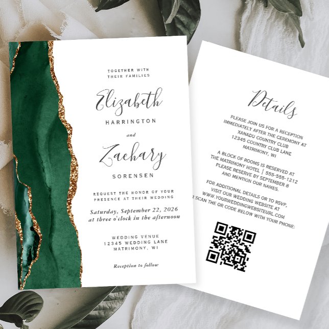 Invitación Boda de código QR blanco de Emerald Green Gold Aga (Subido por el creador)
