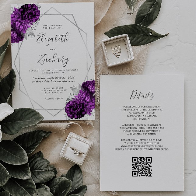 Invitación Boda de código QR blanco floral de ciruela morada (Subido por el creador)