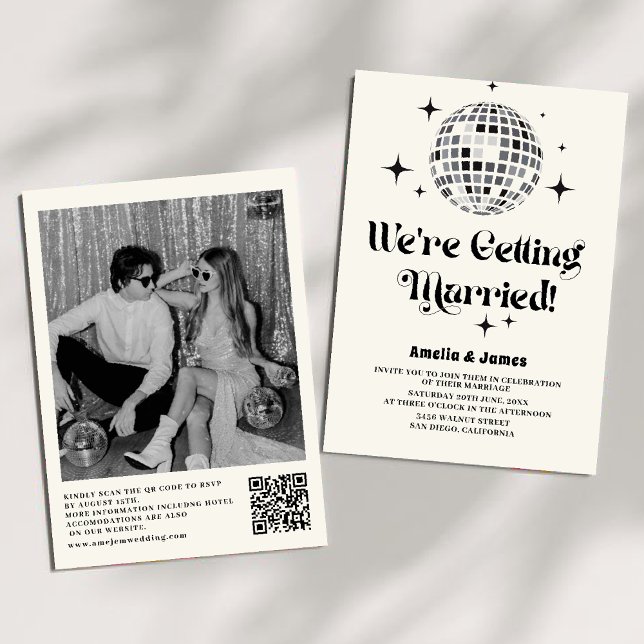 Invitación Boda de código QR blanco negro Retro Disco Ball (Subido por el creador)