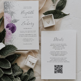 Invitación Boda de código QR blanco Purpurina Plata Púrpura F