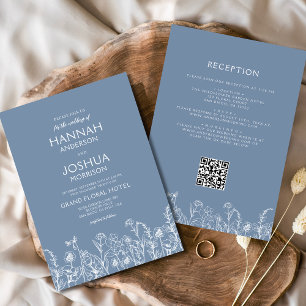 Invitación Boda de código QR botánico azul de flores silvestr