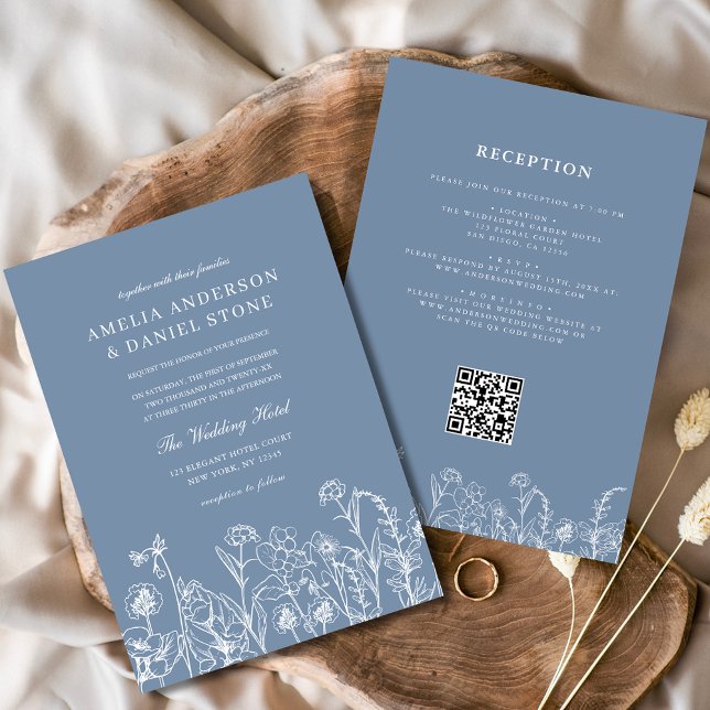 Invitación Boda de código QR botánico azul de flores silvestr (Subido por el creador)