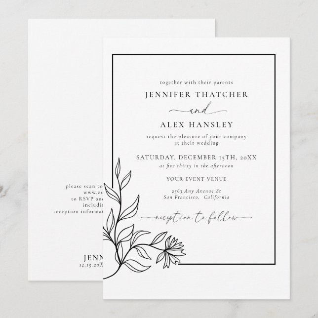 Invitación Boda de código QR botánico moderno en blanco negro (Anverso / Reverso)