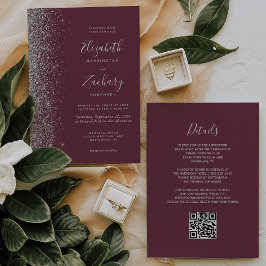 Invitación Boda de Código QR Burgundy con Brillo Plateado Mod