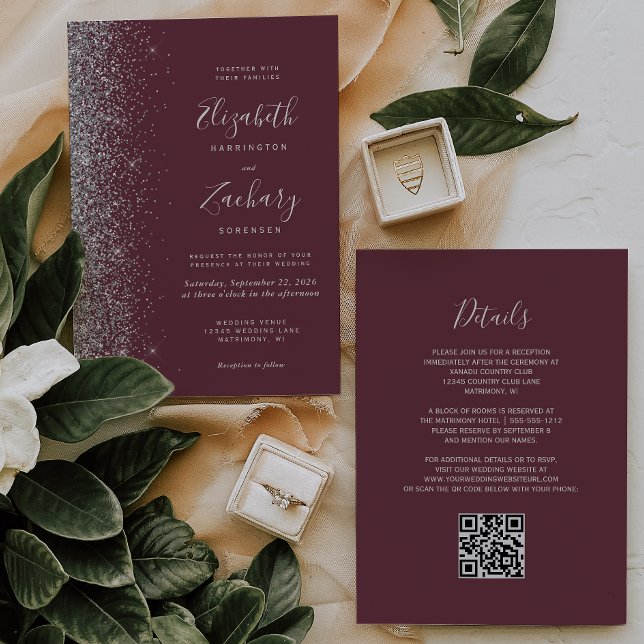 Invitación Boda de Código QR Burgundy con Brillo Plateado Mod (Subido por el creador)