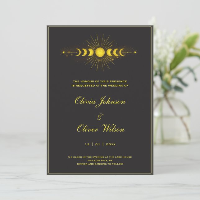 Invitación Boda de código QR celestial negro y dorado (Anverso de pie)