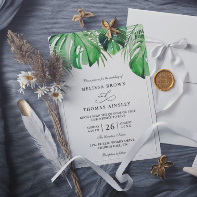 Invitación Boda de Código QR Chic de Hoja de Palma de Acuarel (Subido por el creador)