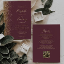 Boda de código QR con brillo dorado burgundy oscur