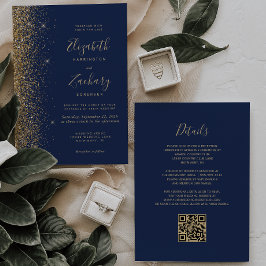 Invitación Boda de código QR con brillo falso dorado azul mar