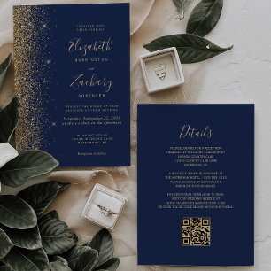 Invitación Boda de código QR con brillo falso dorado azul mar