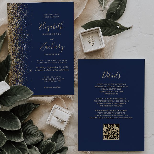 Invitación Boda de código QR con brillo falso dorado azul mar (Subido por el creador)
