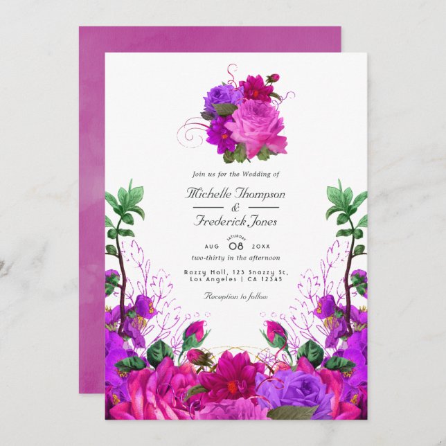 Invitación Boda de código QR con flor púrpura y fucsia (Anverso / Reverso)