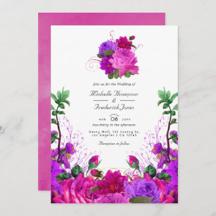 Invitación Boda de código QR con flor púrpura y fucsia