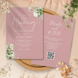 Invitación Boda de código QR con floral de vegetación Rosa y