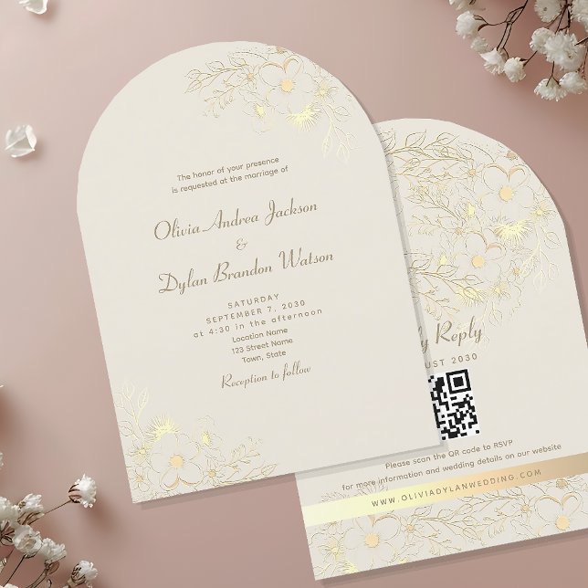 Invitación Boda de código QR con floral dorada (Subido por el creador)