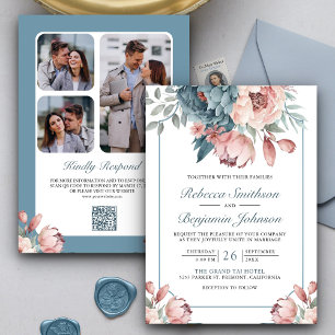 Invitación Boda de código QR con flores azules y rosas
