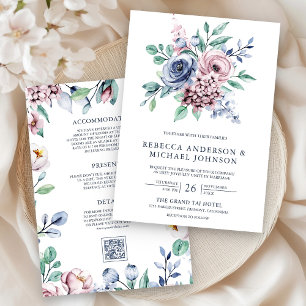 Invitación Boda de código QR con flores azules y rosas