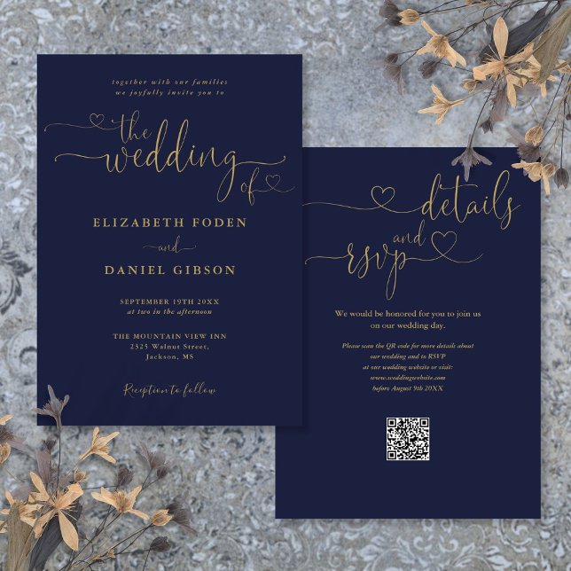 Invitación Boda de código QR con guión azul y dorado de la Ma (Navy Blue And Gold Heart Script QR Code Wedding Invitation)