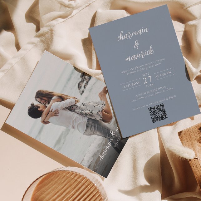 Invitación Boda de código QR con guion azul y polvo simple (Subido por el creador)