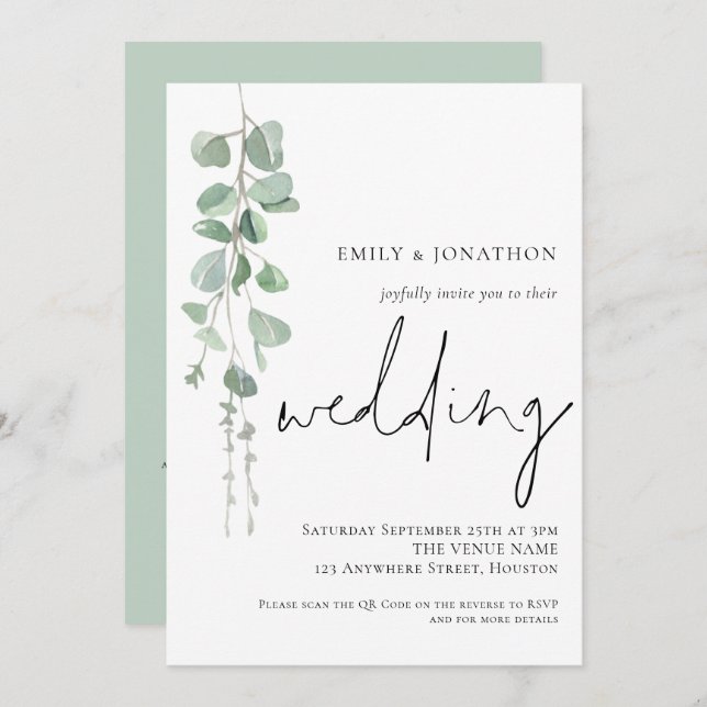 Invitación Boda de código QR con guión de eucalipto moderno (Anverso / Reverso)